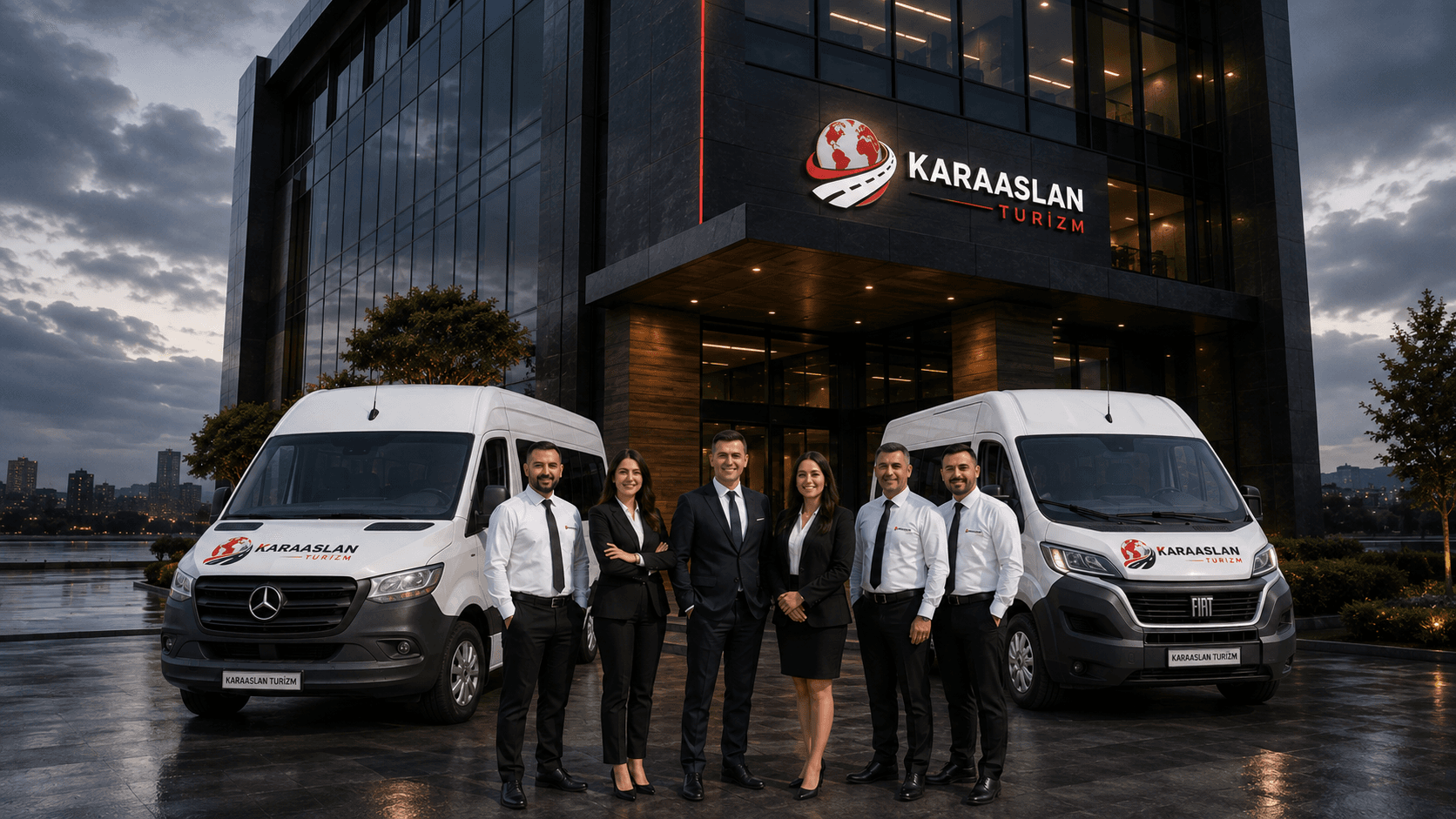 Karaaslan Turizm ekibi, servis araçları ve şirket binası